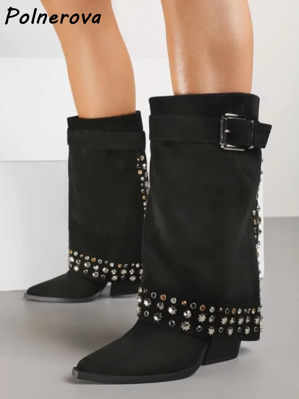 برشام الصلبة حزام الأحذية الصلبة بدوره أكثر من حواف الانزلاق على مثير حذاء بكعب سميك الانزلاق على أحذية أنيقة الشتاء المرأة تصميم أنيق الأحذية #5