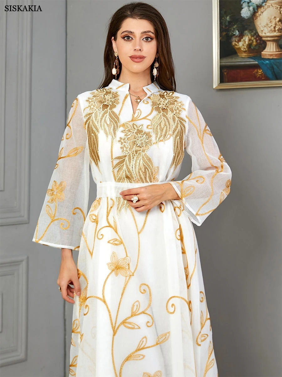 Siskakia Fashion Mulsim Gold Stamping Floral Embroidery Guipure V-Neck Long Sleeves Floral Dress With Belt Long Arab