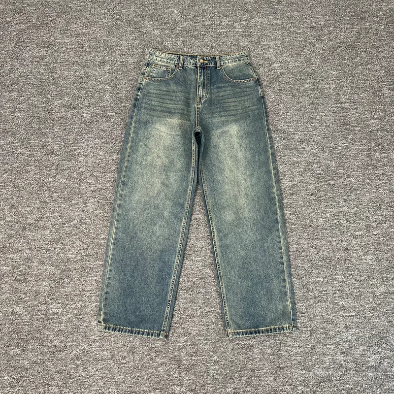Derschutze Jeans High Street Men Women Washed Retro Embroidered Pattern Printed Straight-leg Denim Trousers Real Photo