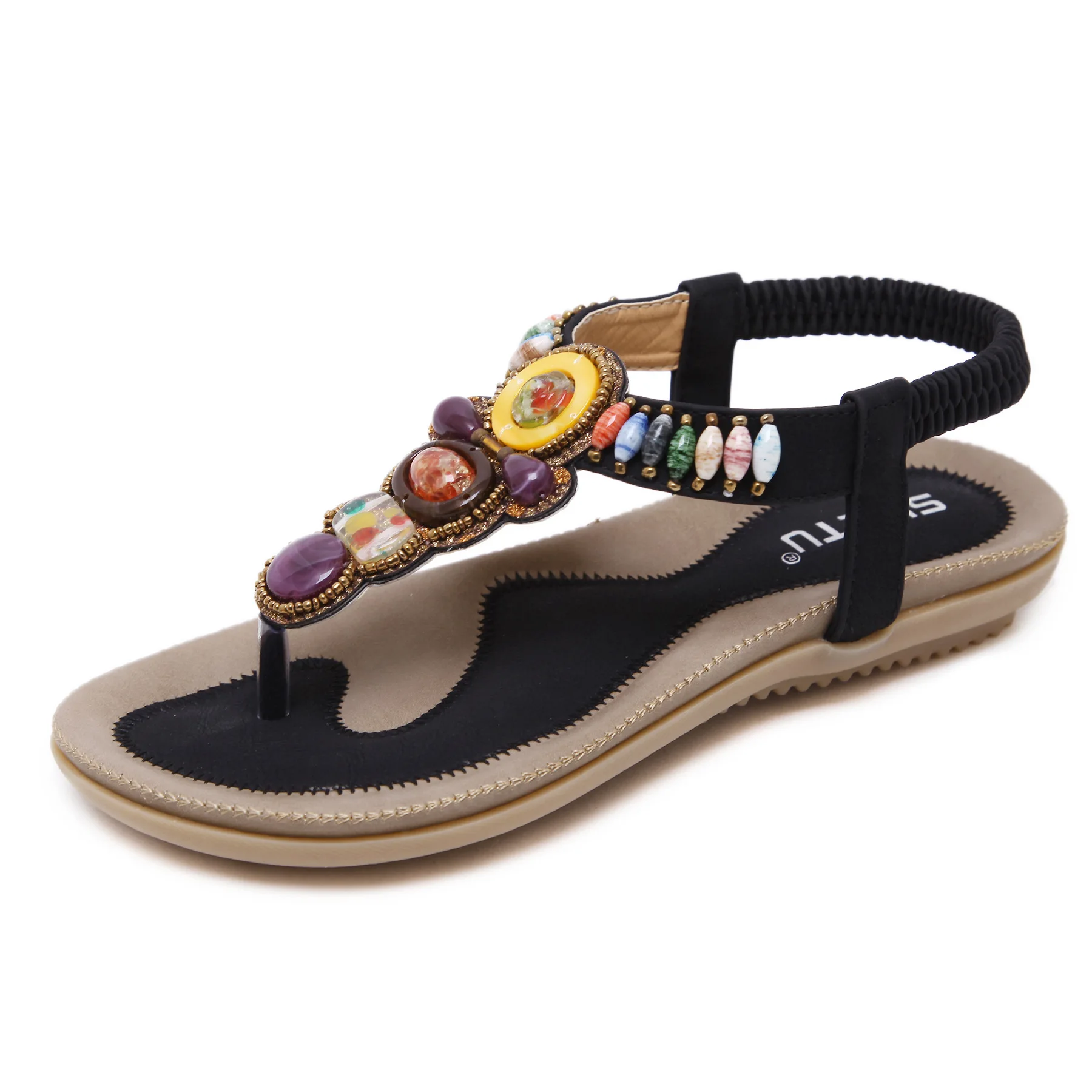 SIKETU Brand Casual Summer 2022 BOHO National Flat Heel Sandals Retro Beaded Jeweled Clip Toe Shoes Beach Extoic Korean Style 42