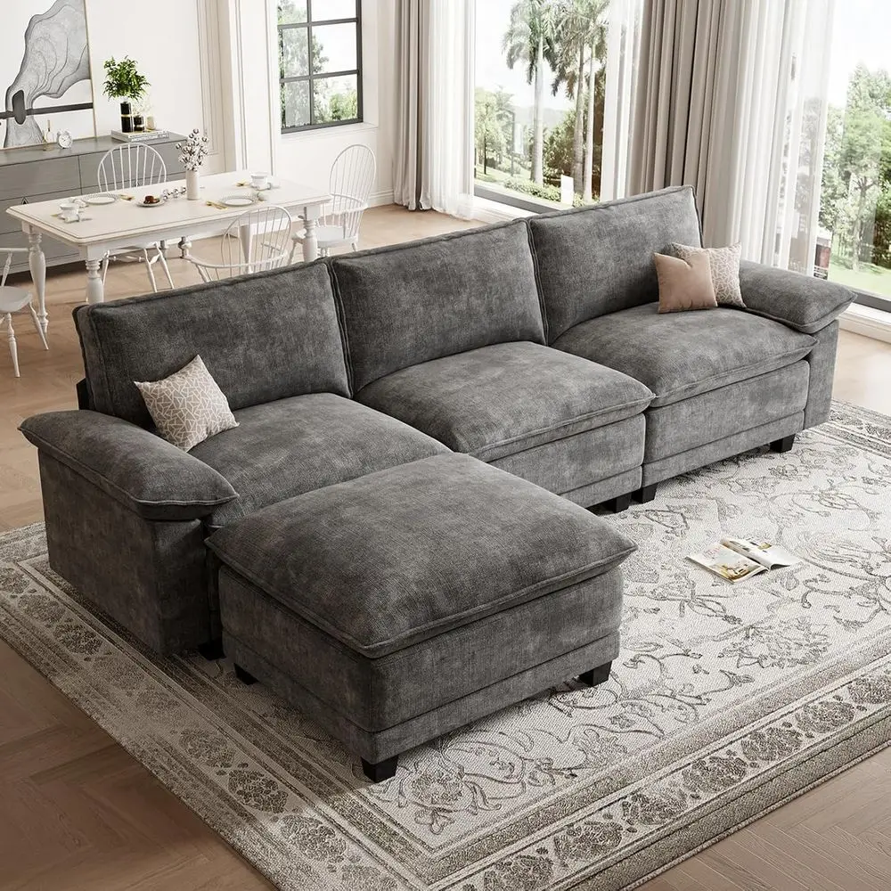 

ern L Shaped Soa Couches or Living Room, ular Sectional Cloud Couch with Movable Ottoman, Comy Chenille Soa or Aparent and Small