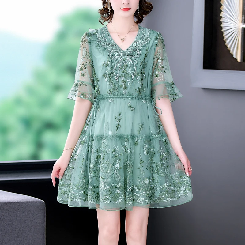 Women Embroidery Floral Silk Ruffled O-Neck Sexy Midi Dress Summer Beach Style Butterfly Slevee Dress 2024 Korean Elegant Dress