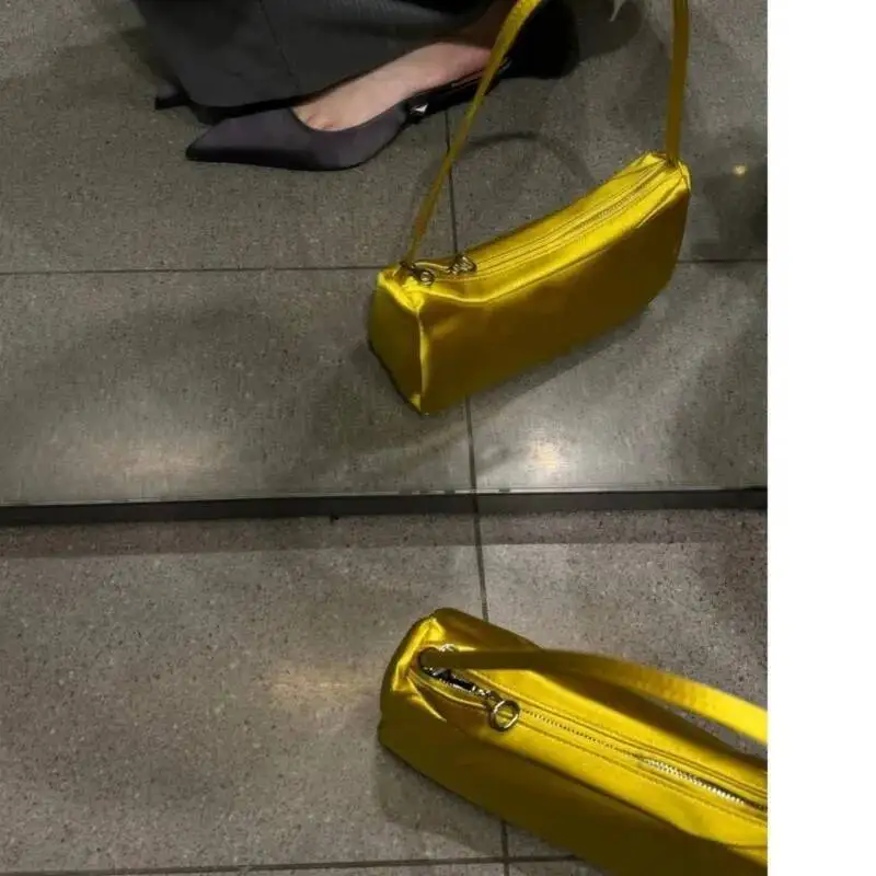 

Bloom Vintage Gold Shoulder Bags Women Retro Zipper Satin Chic Casual Y2k Handbag Female Fashion Square Underarm Bag Aesthetic