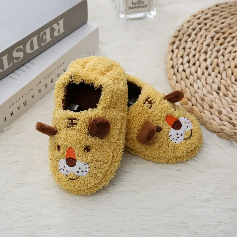 Toddler Boy Slippers for Kids Indoor Winter Cute Cartoon Animal Plush Warm House Footwear Soft Rubber Sole Home Shoes Baby Items