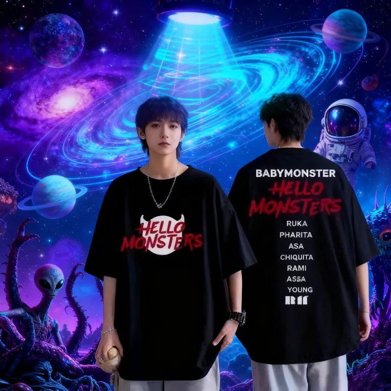 

2025 Summer Babymonster Hello Monsters World Tour Double Sided100% Cotton Printed T-shirt Men Korean Fashion Streetwear Tops