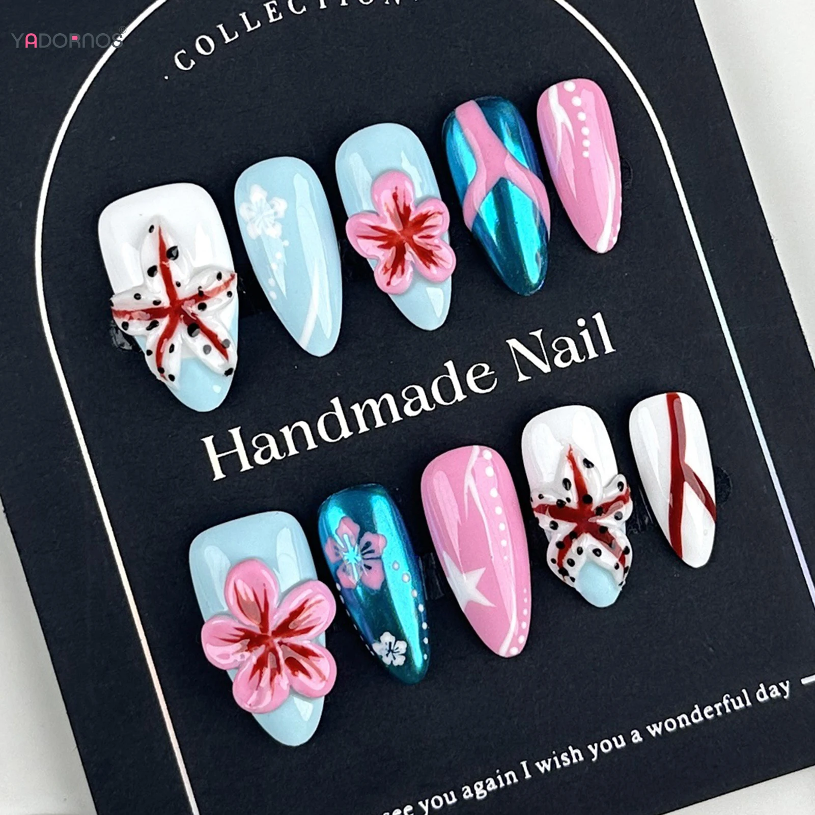 10pcs Handmade 3D Floral False Nails Glossy Blue Almond Stereo Pink Flower Starfish Designs Press On Nails Sweet Cool Manicure