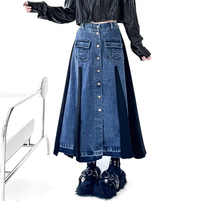 HKSH Women Retro Skirt Denim Patchwork Color Block Pockets Pleated Versatile Elegant A-line Y2K Skirts New Spring Summer HK20263