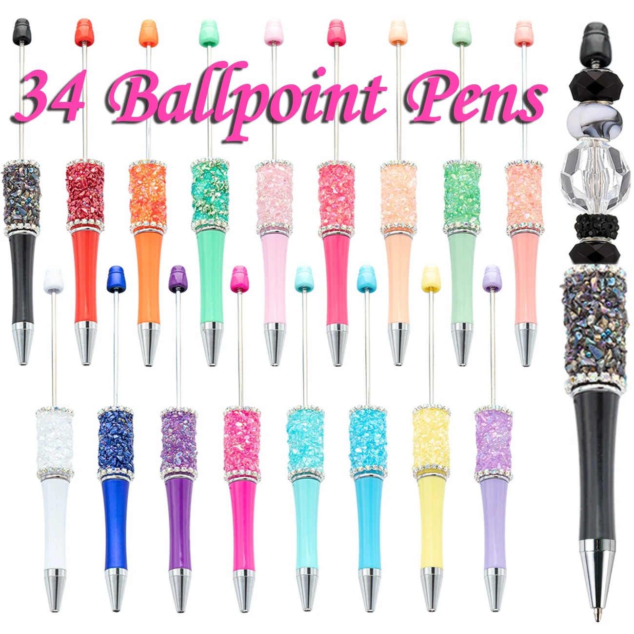 34Pcs Multi Color Crystal Crushed Beaded Pen DIY Ballpoint Pens Bright Diamond Beaded Gift Pen School Office Supplies