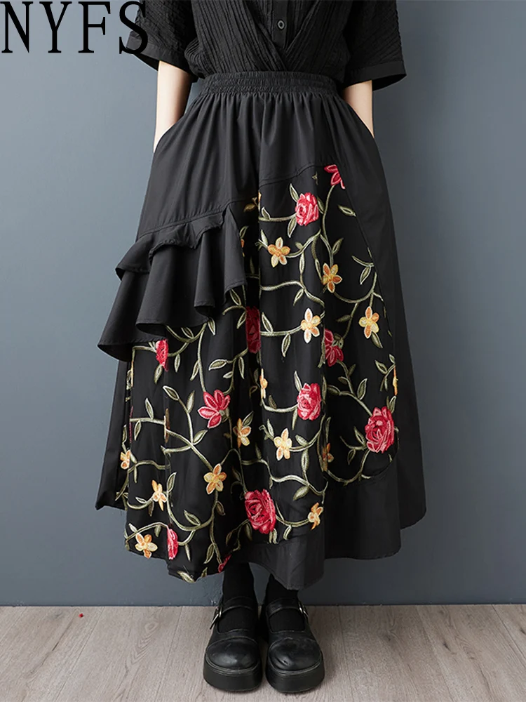 

NYFS 2025 New Spring Summer Korean Loose Plus size Woman Trousers Elastic Waist Embroidered Wide Leg Pants