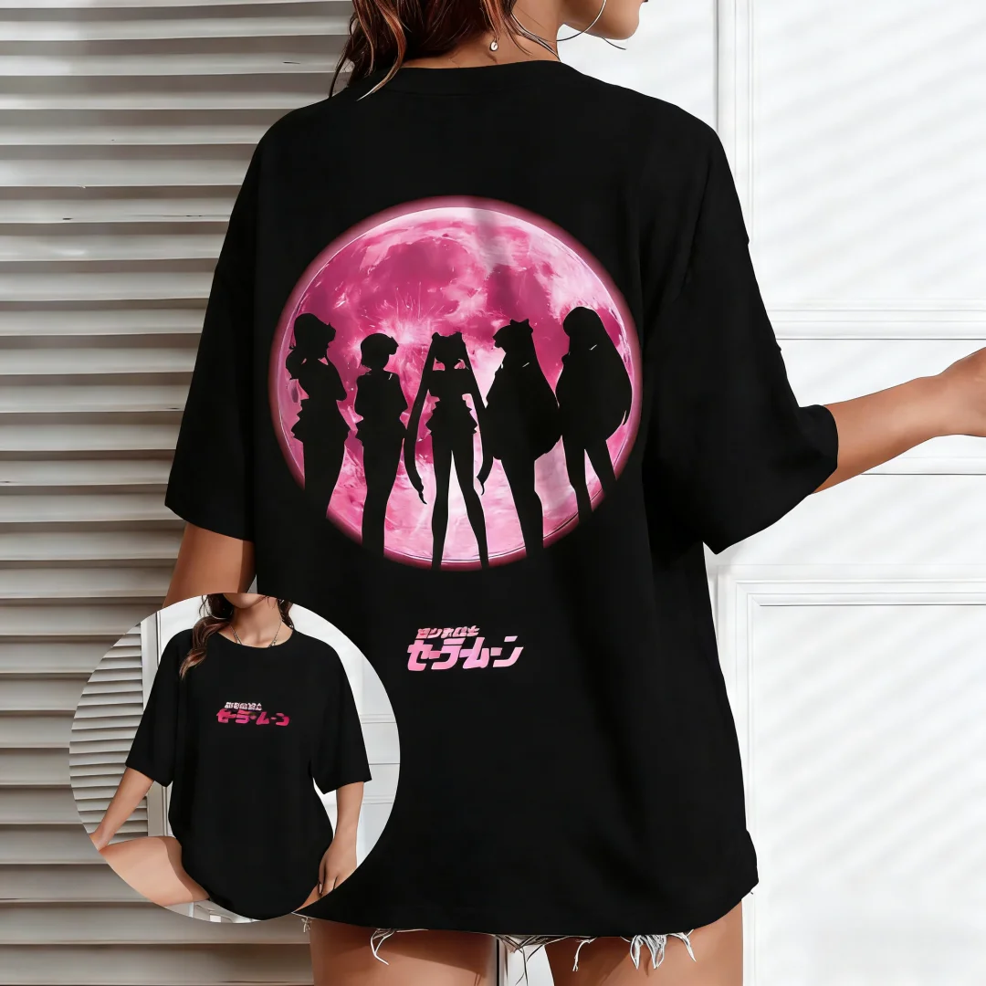 2026 Neues Sailor Moon Anime Silhouette T-Shirt für Damen Hochwertiger Hip-Hop Cartoon-Print Streetwear Y2K Ästhetik Lässiges Oversize-Shirt