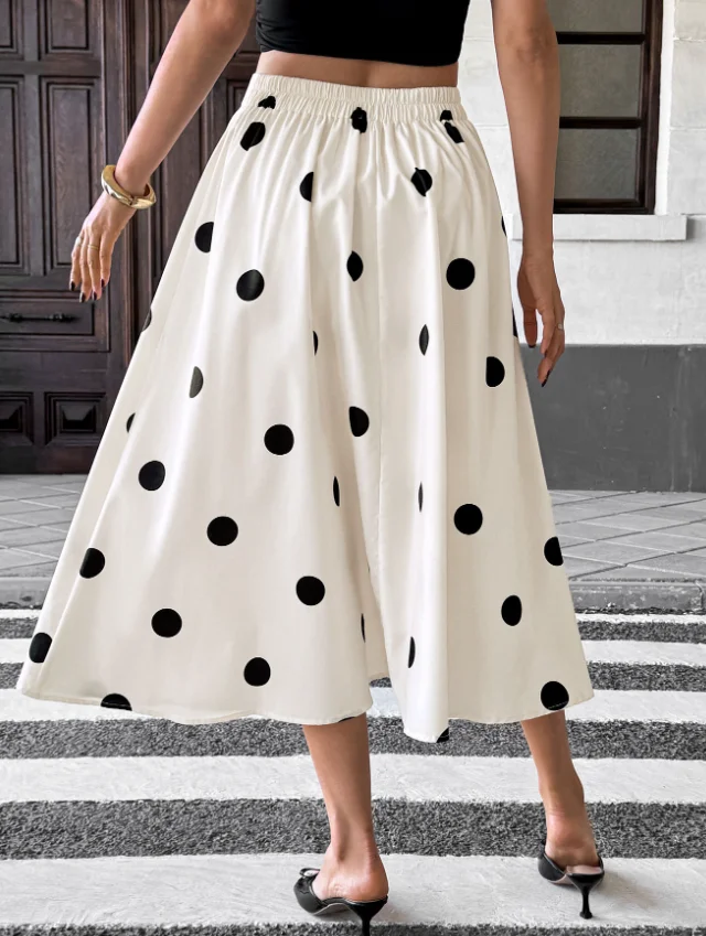 Polka Polka Dot Elastic Retro Elegant A-Line Skirt Summer Polka Dot Print Button Decoration Slim Fit High Waisted A-Line Skirt