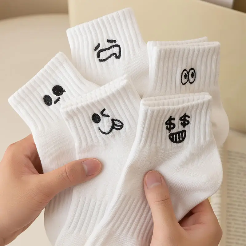 5Pairs Middle Tube Men Socks Set White Solid Cartoon Graphic Pattern Fashion Breathable for Male Style Casual Comfortable Socks