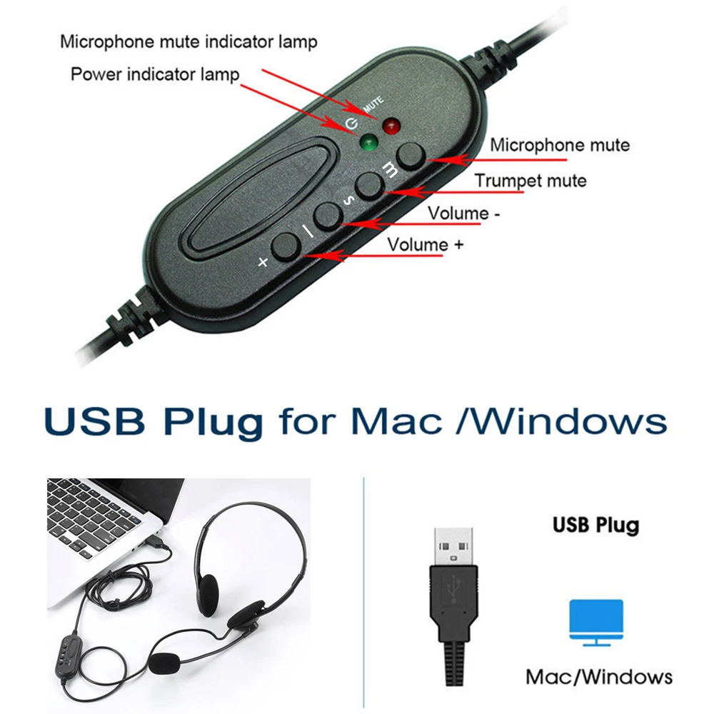 USB Headset with Microphone Noise Cancelling & Volume Control Wired Headphones for Call Center Home Offices Dual Ear Headset