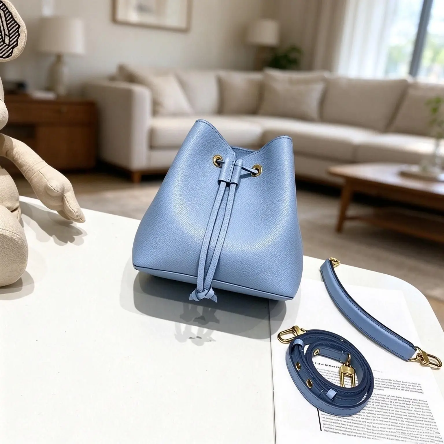 Minimalist Drawstring Bucket Handbag, PU Leather Women Crossbody Shoulder Purse, Adjustable Strap Lightweight Storage Bag