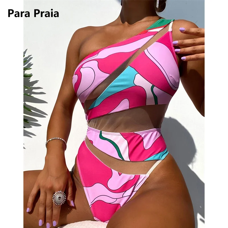 

Para Praia 2025 Mesh One Shoulder One Piece Swimsuit Bandeau Swimwear for Women Sexy Bathing Suit High Waist Monokini Bodysuit