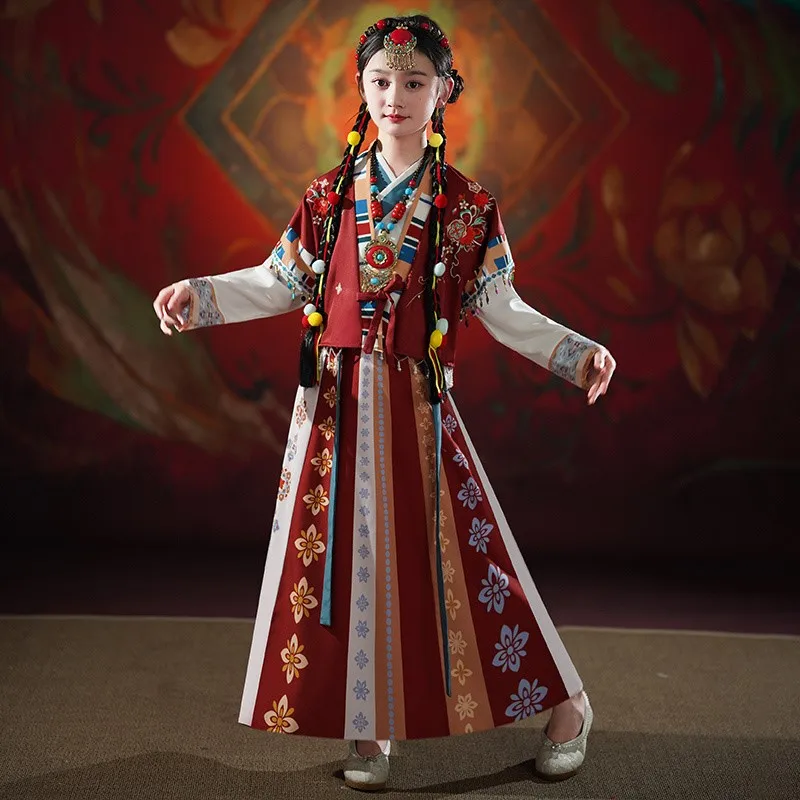 2026 New Girls' Hanfu Spring/Summer Children's Chinese Improved Tang Dress Set Kids' Long sleeved Hanfu Performance CostumeLJ395