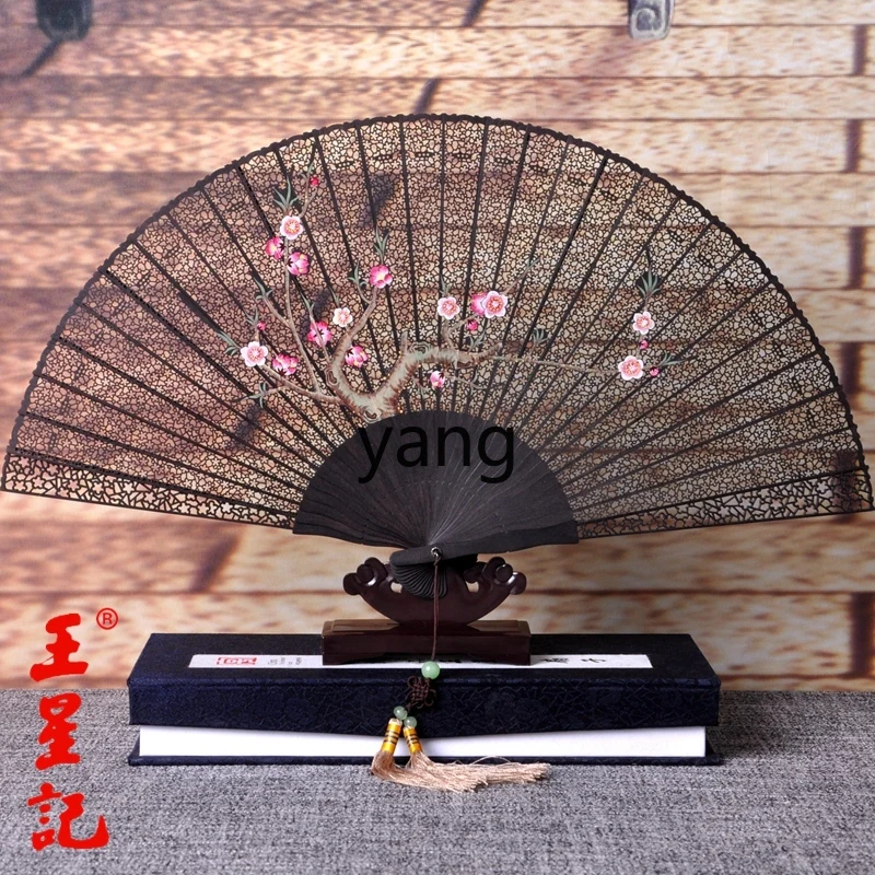 Yjq Ebony Wooden Craft's Fan Carving Latte Art Chinese Style Antique Craft Chinese Style Folding Wooden Craft's Fan Gift