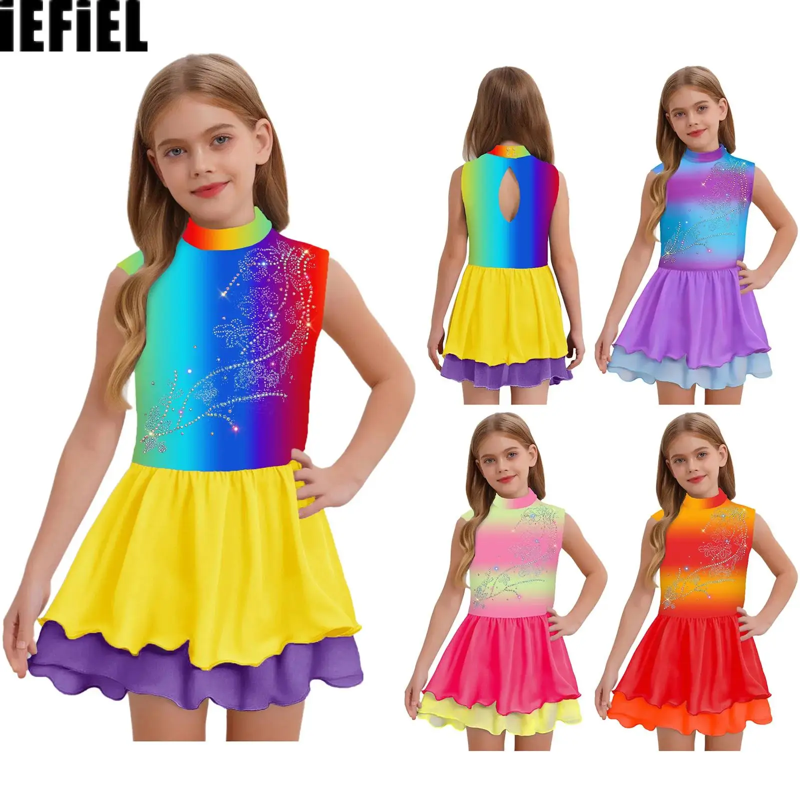 

Kids Girls Figure Skating Dress Mock Neck Sleeveless Keyhole Back Sparkly Rhinestones Gradient Dance Costume