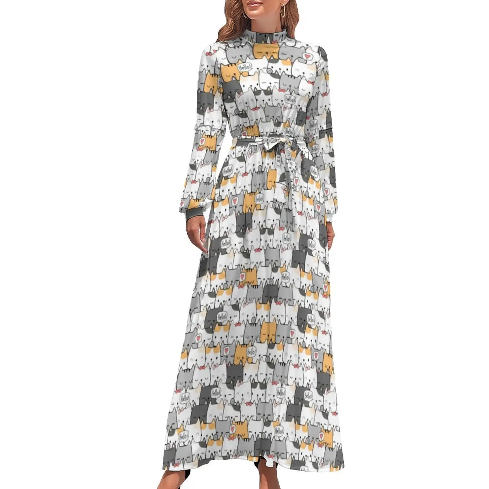 

Cute Cats Print Dress Funny Animal Elegant Printed Maxi Dress High Waist Long-Sleeve Street Fashion Bohemia Long Dresses