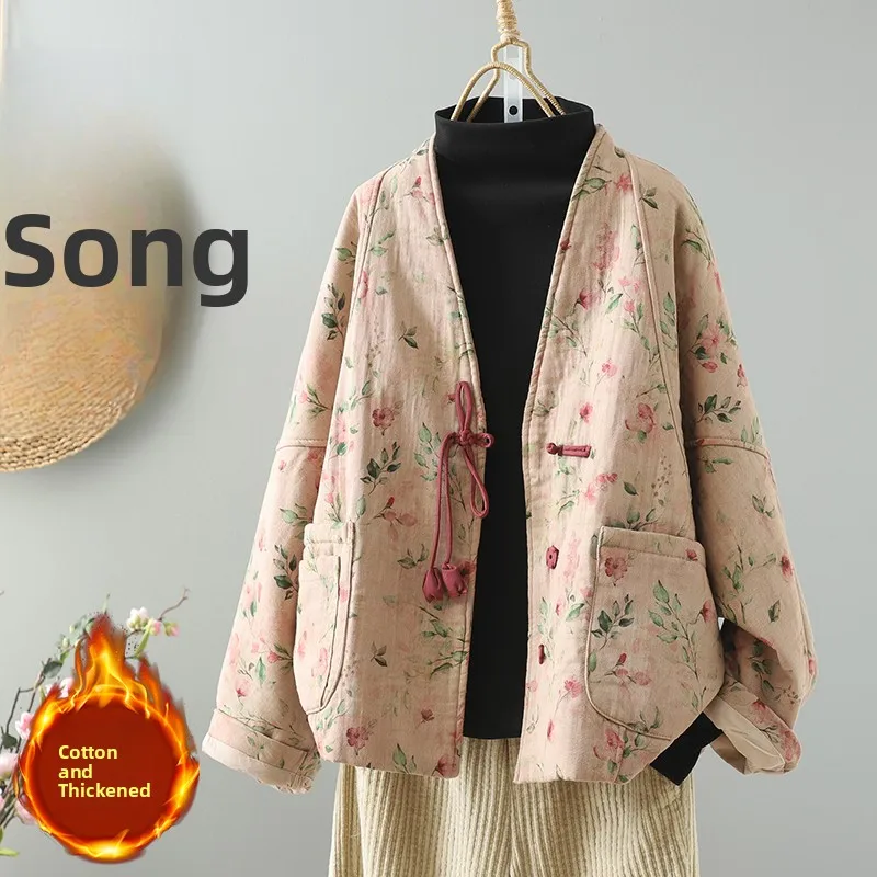 Chaqueta de Aodón para Mujer, Talla ande, Cuello en V, Estampado Informal, Estilo Retro Chino, Artística, Abrigo de Otoño...