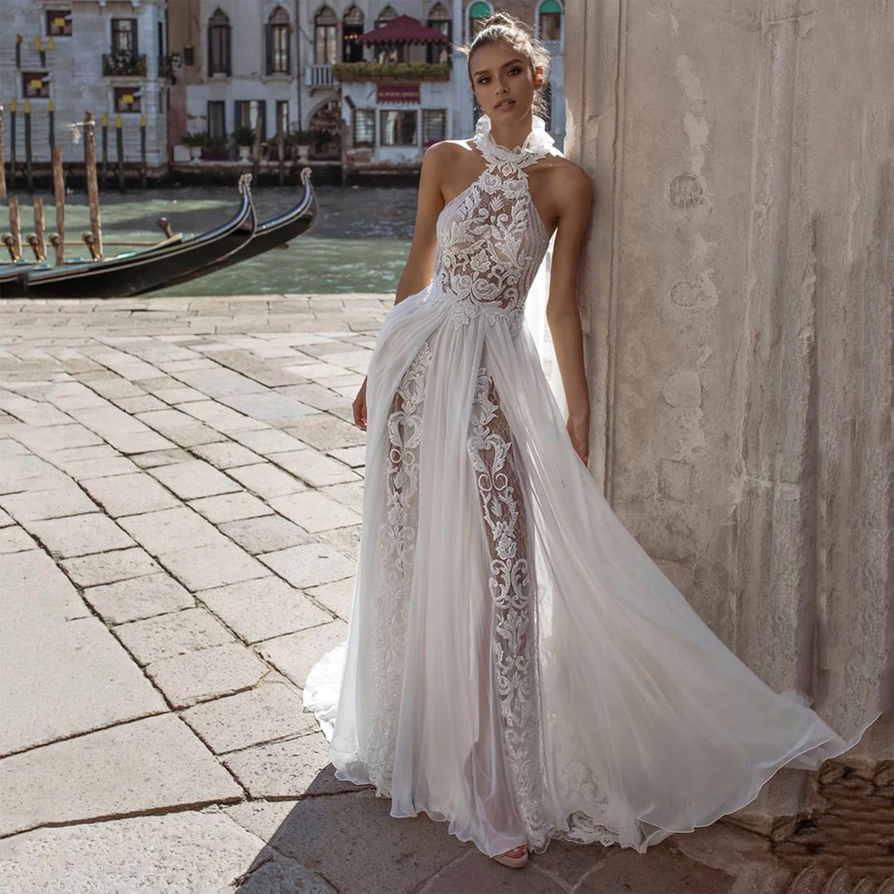 

Elegant Halter Women Wedding Dresses Lace Appliques Bride Gown Sexy Side Slit Floor Length Princess Vestidos De Novia Customized