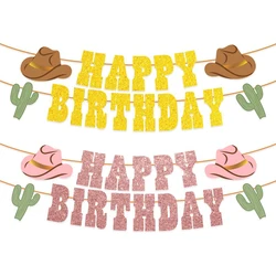 1 Set Western Cowgirl Cowboy Theme Glitter Happy Birthday Bunting Banner Garland for Boy Girl Birthday Party Decoration