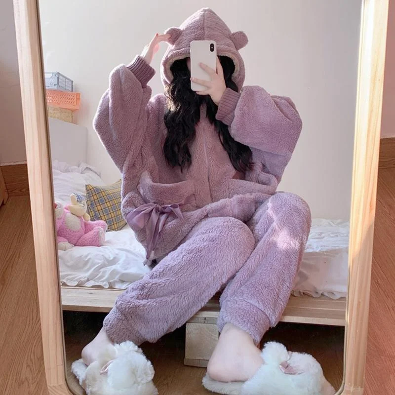 

Large Size 145kg Hooded Long-sleeved Pajamas Women's Autumn Winter Loose Fat Mm200 Fleece Thickened Pajamas Home Two-piece Set