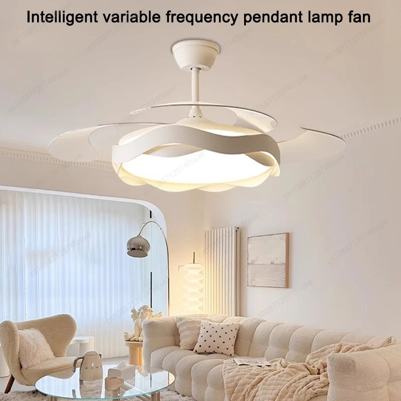 

48-inch Simple Cream Style Restaurant Bedroom Full Spectrum LED Invisible Fan Light Smart Remote Control Ceiling Fan Light