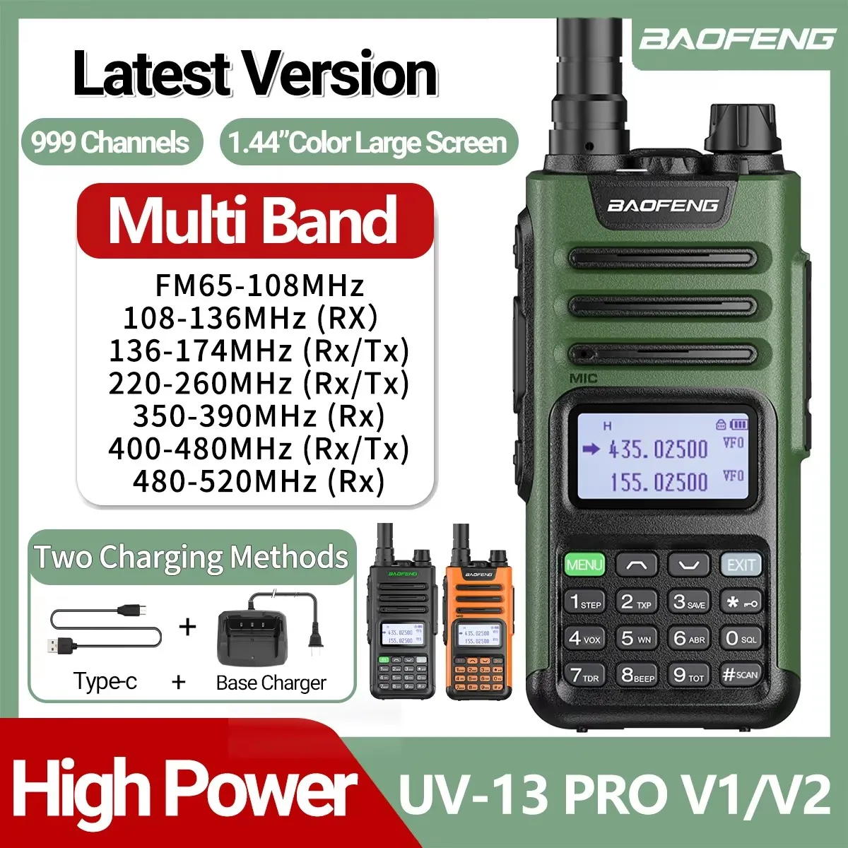 BaoFeng UV-13 PRO V1 V2 고출력 멀티 밴드 워키토키, C 타입 충전기, 장거리 UV-13 UV-5R 송수신기, 햄 양방향 라디오 