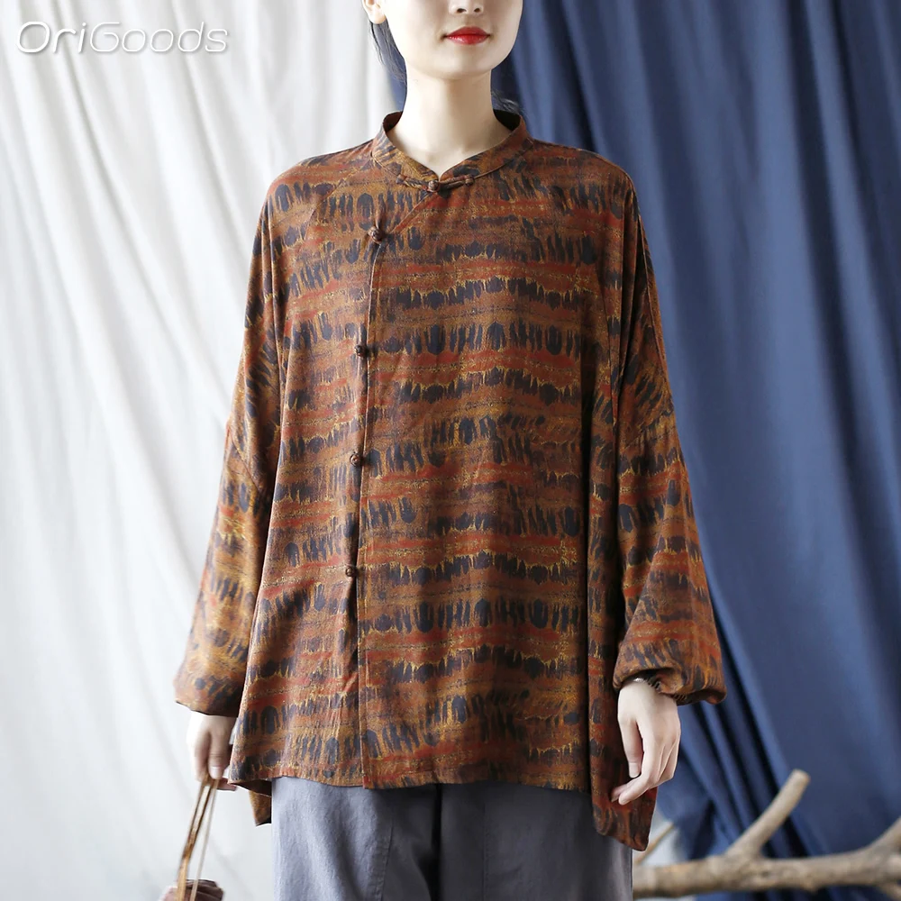 OriGoods Oversized Shirt Women Batwing Sleeve Cotton And Linen National Style Print Shirt Blouse Oversized Clothes Woman X092