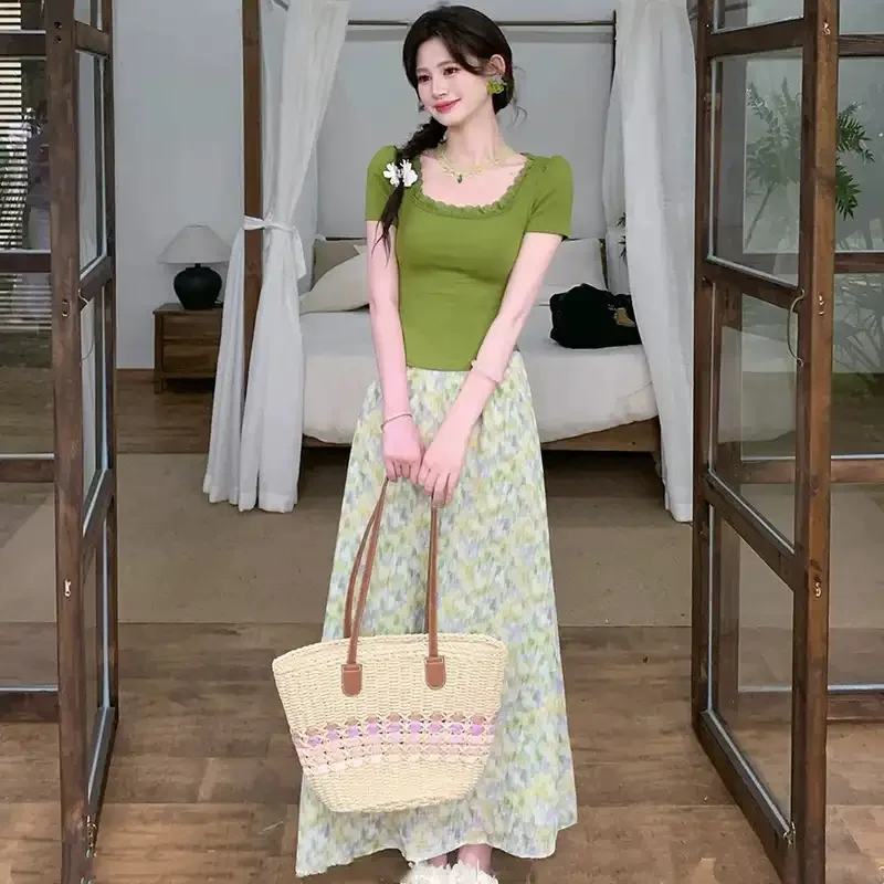 

Women's Summer French Graceful Square T-Shirts Skirts Two Piece Set Korean Lady Green Slim Tops Skirt Outfits Travel Clothing