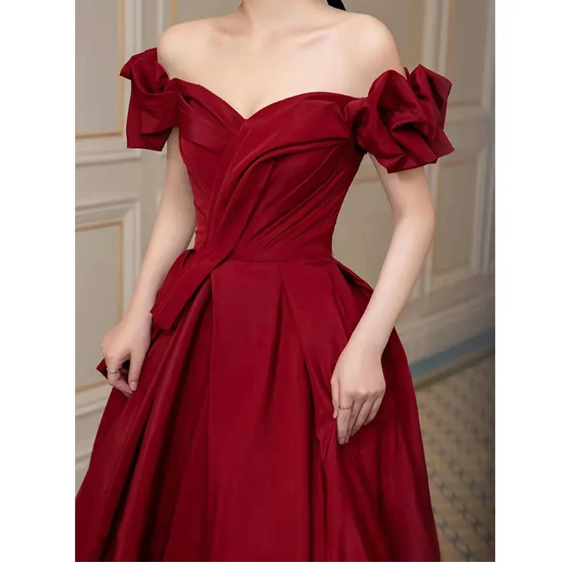 Off Shoulder Bridal Wedding Dress Burgundy Female Formal Party Dress Qipao Banquet Retro Princess Dress Sexy Maxi Dress