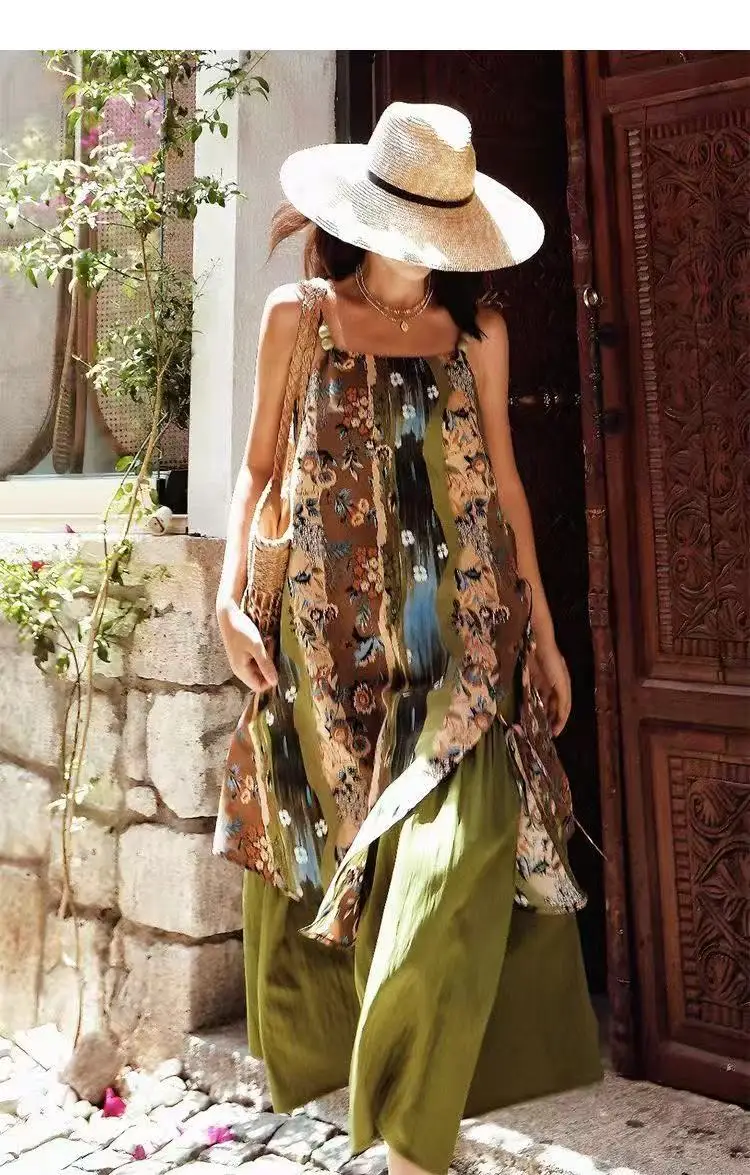 リアルショット レディース オリジナル植物モチーフ油絵プリント ストラップキャミドレス オズの魔法使い風 バケーションビーチドレス 夏向け