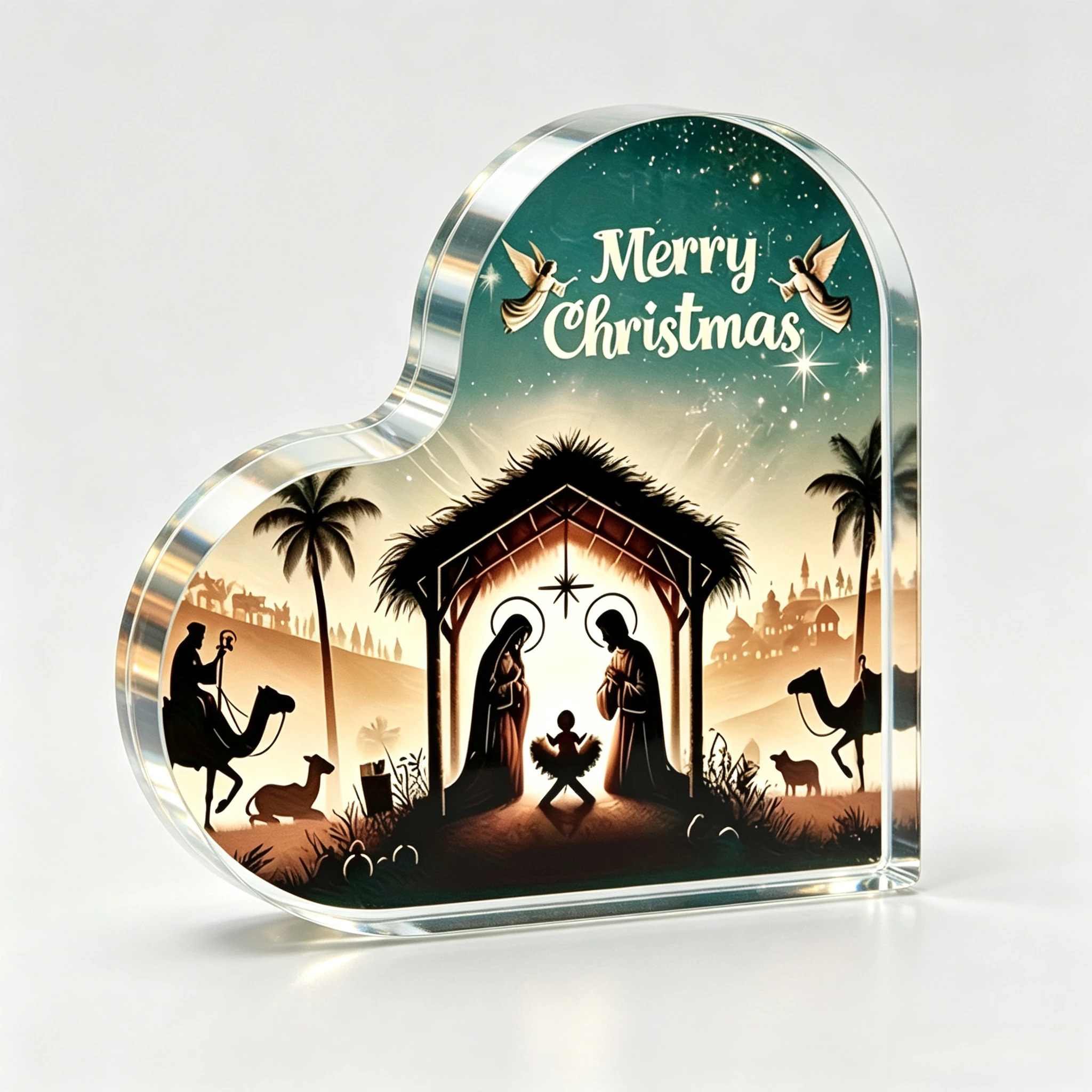 Religious Birth of Jesus Heart Acrylic Sign, Angel Wise Men Camel Desktop Ornament,Acrylic Nativity Scene Christmas Decoration Heart Shape Desktop Decorative Plaque,Christmas Scene Decoration, Christmas Holiday Gift And Housewarming Gift For Friends