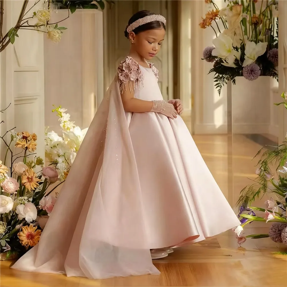 

Pink Flower Girl Dress For Wedding Appliques Puffy Satin Beaded Sequins with Cape Princess Kids First Communion Ball Gown