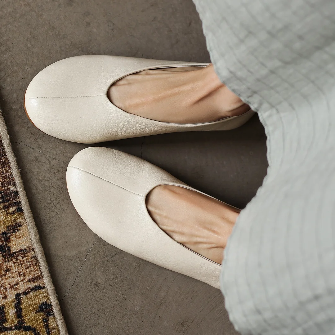 danxuefei plus size 34-42 women's sheepskin round toe slip-on ballet flats high quality soft comfort casual female ballerians