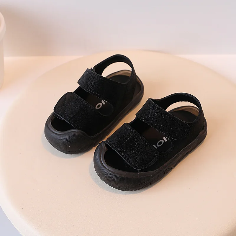 New Solid Children Sandals PU Leather Protect Toe Summer Shoes For Kids Hook Loop Anti Slip Casual Baby Boys Girls Sandals