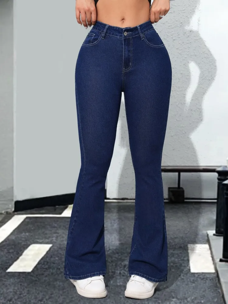 

Deep blue fashionable elastic slim fit flared jeans