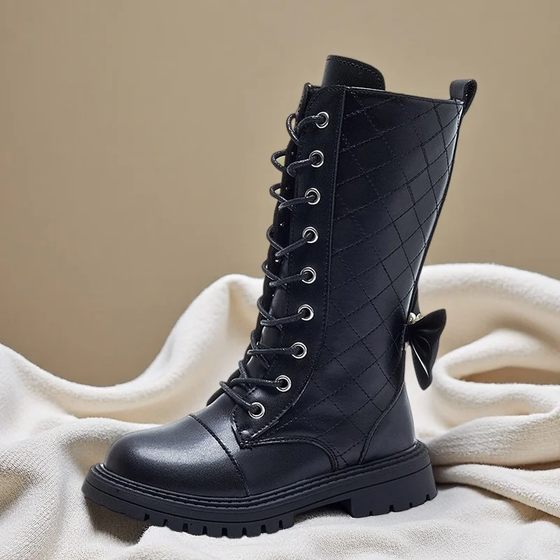 Girls Black Riding Boots 2026 Fall Winter New Non-Slip Tall Boots Big Kids Size 27-37 Students Casual Leather Boots Waterproof