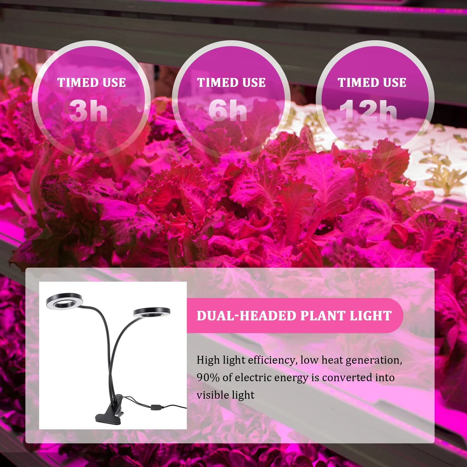 Lampada per la crescita delle piante a doppia testa Design con morsetto Altezza regolabile Uso interno Alluminio ABS Durevole Luce per piante a doppia testa Pratica
