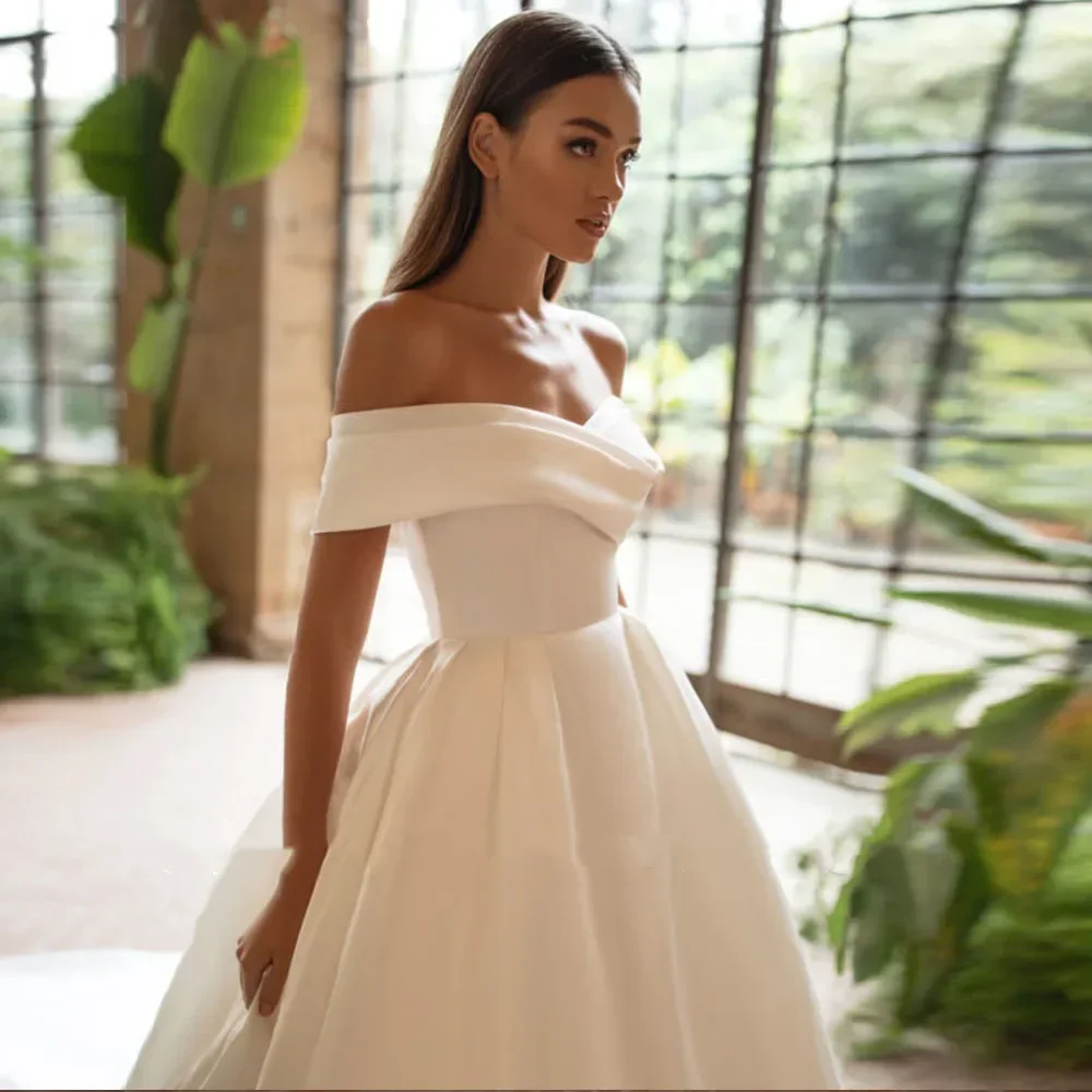 Flavinke-Vestido De novia con cuello De barco, traje De baile con hombros descubiertos, cremallera trasera, satén, boda