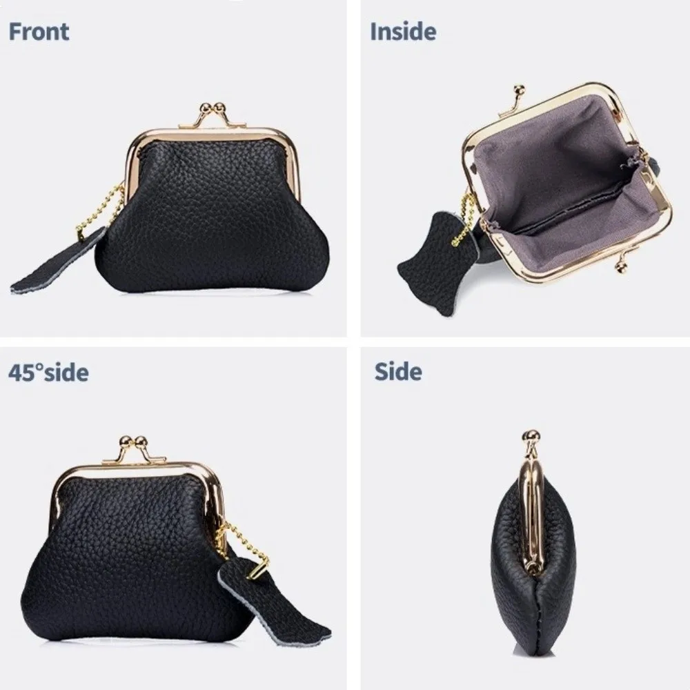Bolsa de joyería Mini monedero de cuero de vaca llaves/lápices labiales/auriculares Kiss Lock Cartera de cuero Color sólido bolsa de artículos pequeños portátil