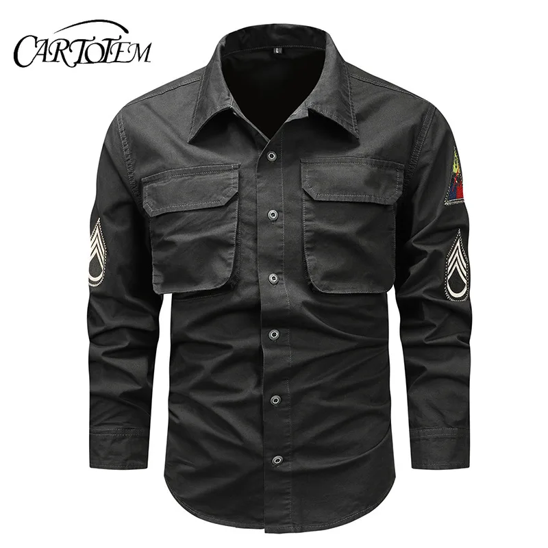

Long sleeved shirt, men's spring and autumn youth loose fit, large size, multiple pockets, pure cotton, thin workwear jacket