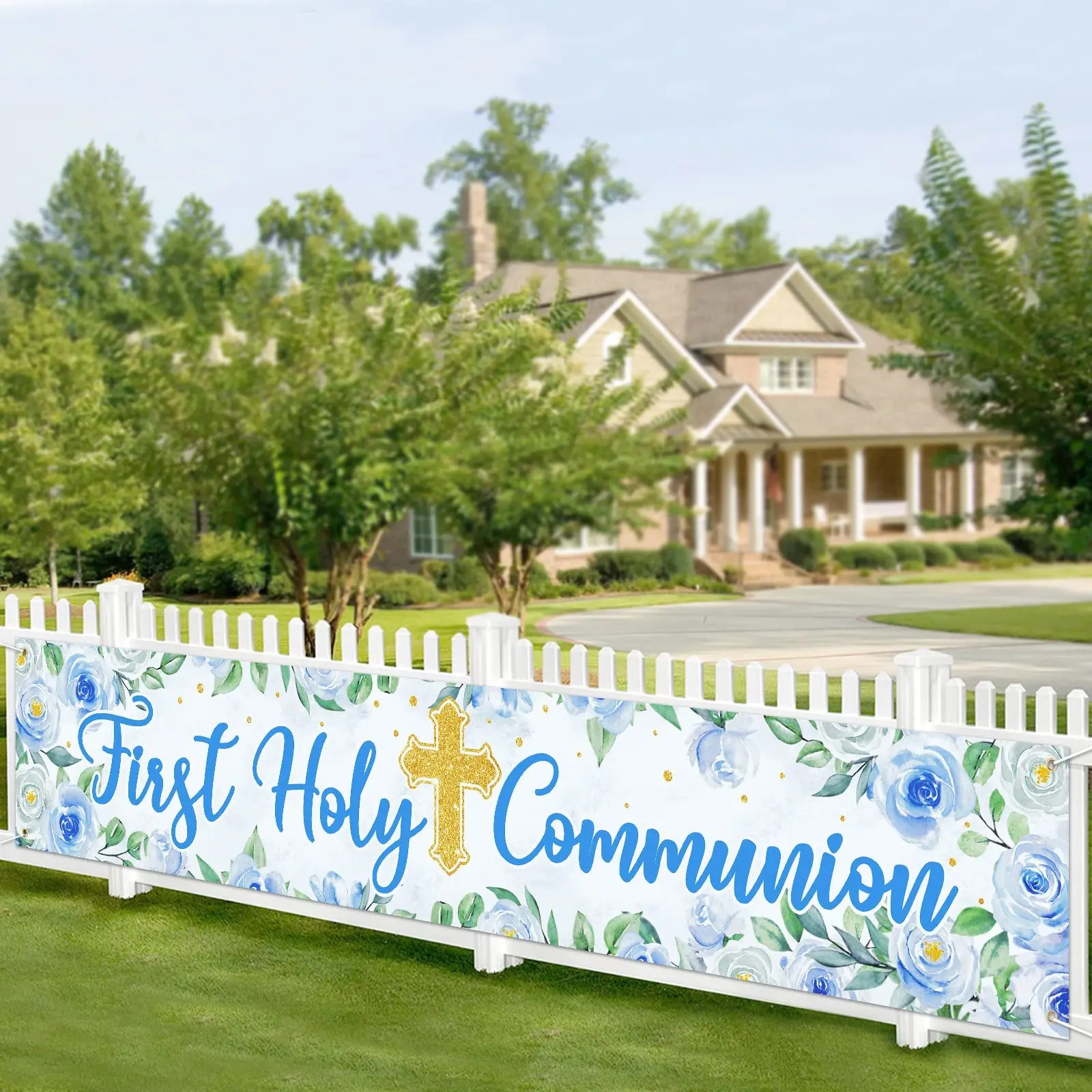 First Holy Communion Blue Banner for Baby Christening 1st Baptism Party Supplies Floral Religious Garland God Bless Yard Sign