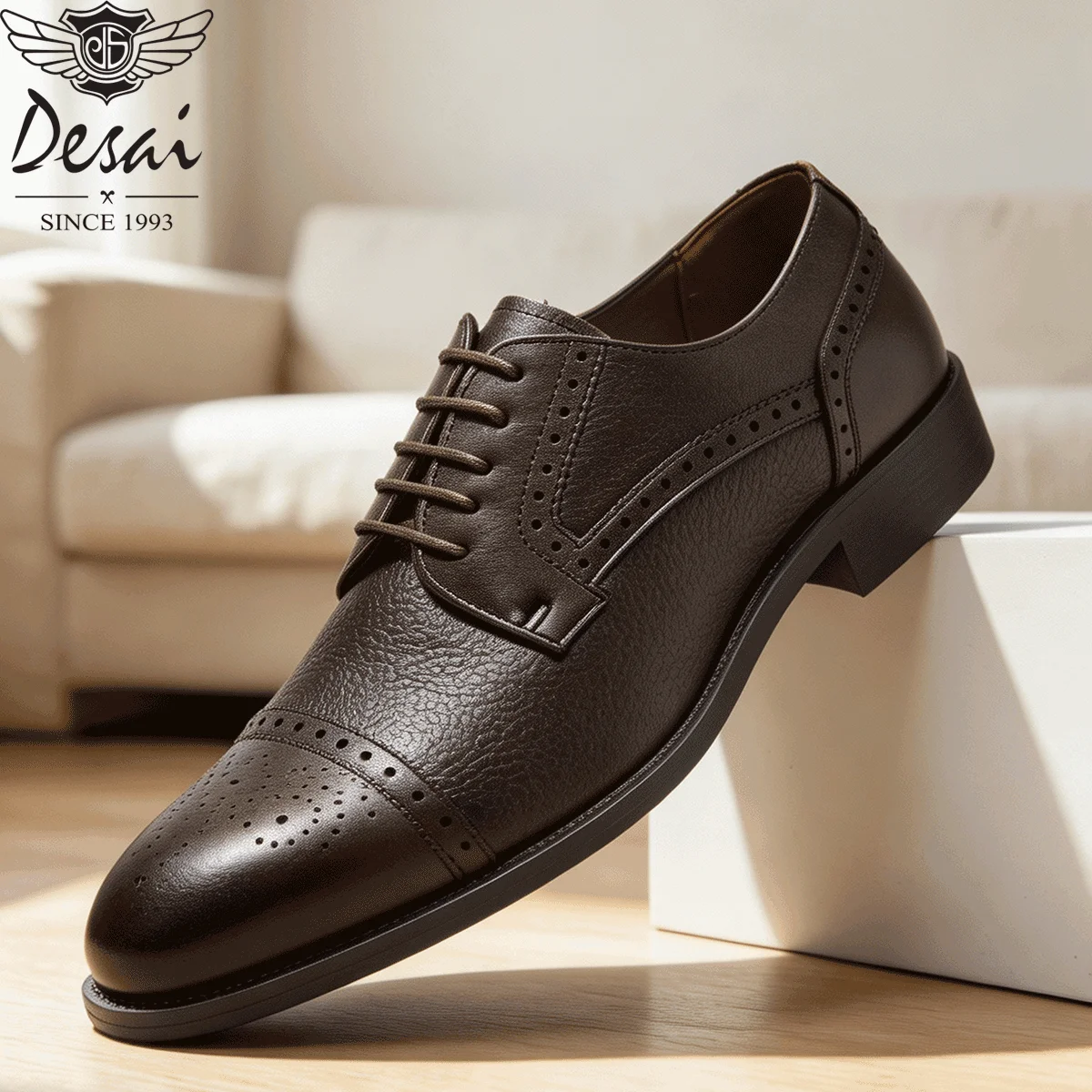 Desai Men's 2026 Cap Toe Brogue Oxford Shoes Genuine Leather Lace Up Formal Business Wedding Dress Shoes
