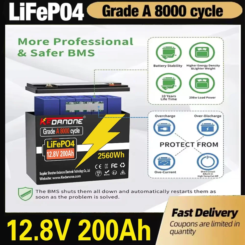 LiFePo4 12V 200Ah lithium iron phosphate battery Built-in 200A BMS,for Solar Marine Overland Off-Grid LiFePo4 Battery100% New