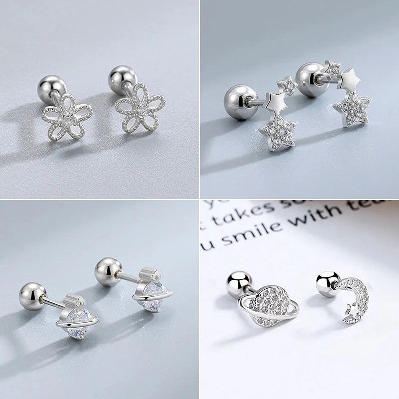 Fashion Simple Silver Color Small Zircon Stars Screw Earrings For Women Versatile Cartilage Helix Tragus Ear Piercing Jewelry