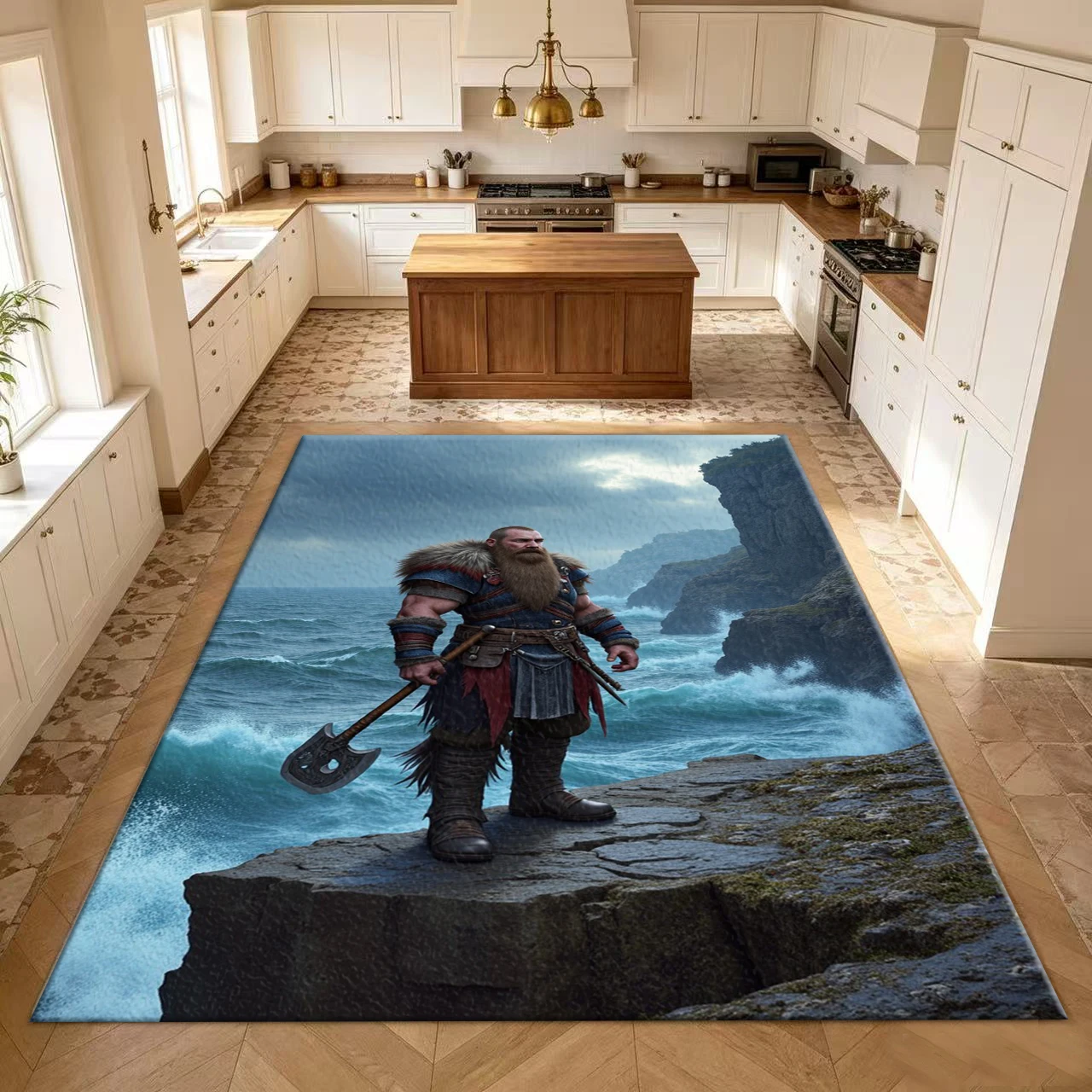 Viking Warrior Ocean Cliff Art Carpet Fashionable Printed Carpet Floor Mat Suitable for Home Living Room Decoration