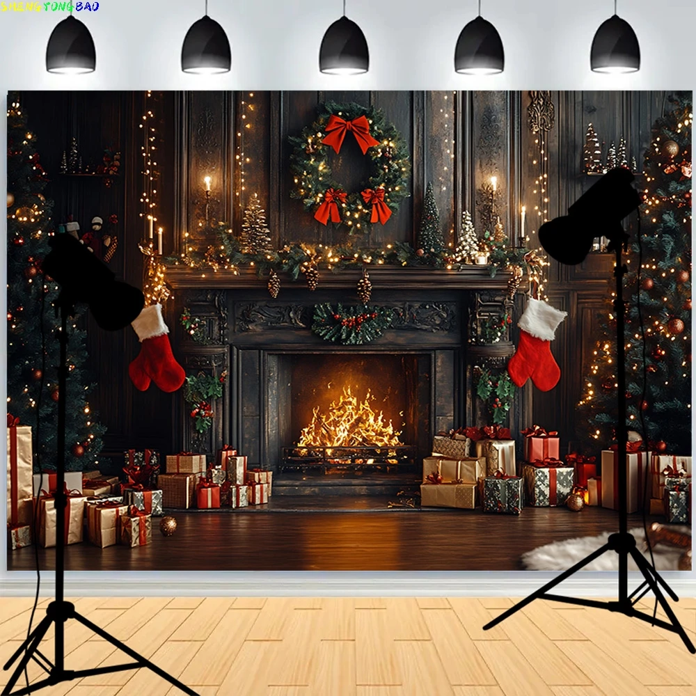 Festive New Year Background Homely Atmosphere Fireplace With Christmas Tree Presents Wreath Archway Photography Backdrops DC-21