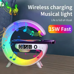 RGB Night Light Lamp Multifunction Alarm Clock TF Blueotooth Speaker 15W Wireless Charger Station Pad For iPhone 15 14 13 12 8